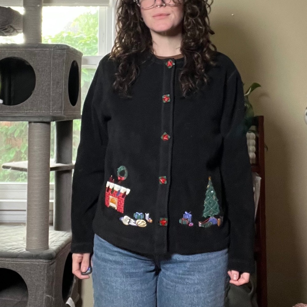C&B Sport Croft & Barrow Black Fleece Christmas Cardigan Embroidered Medium - Picture 6 of 7